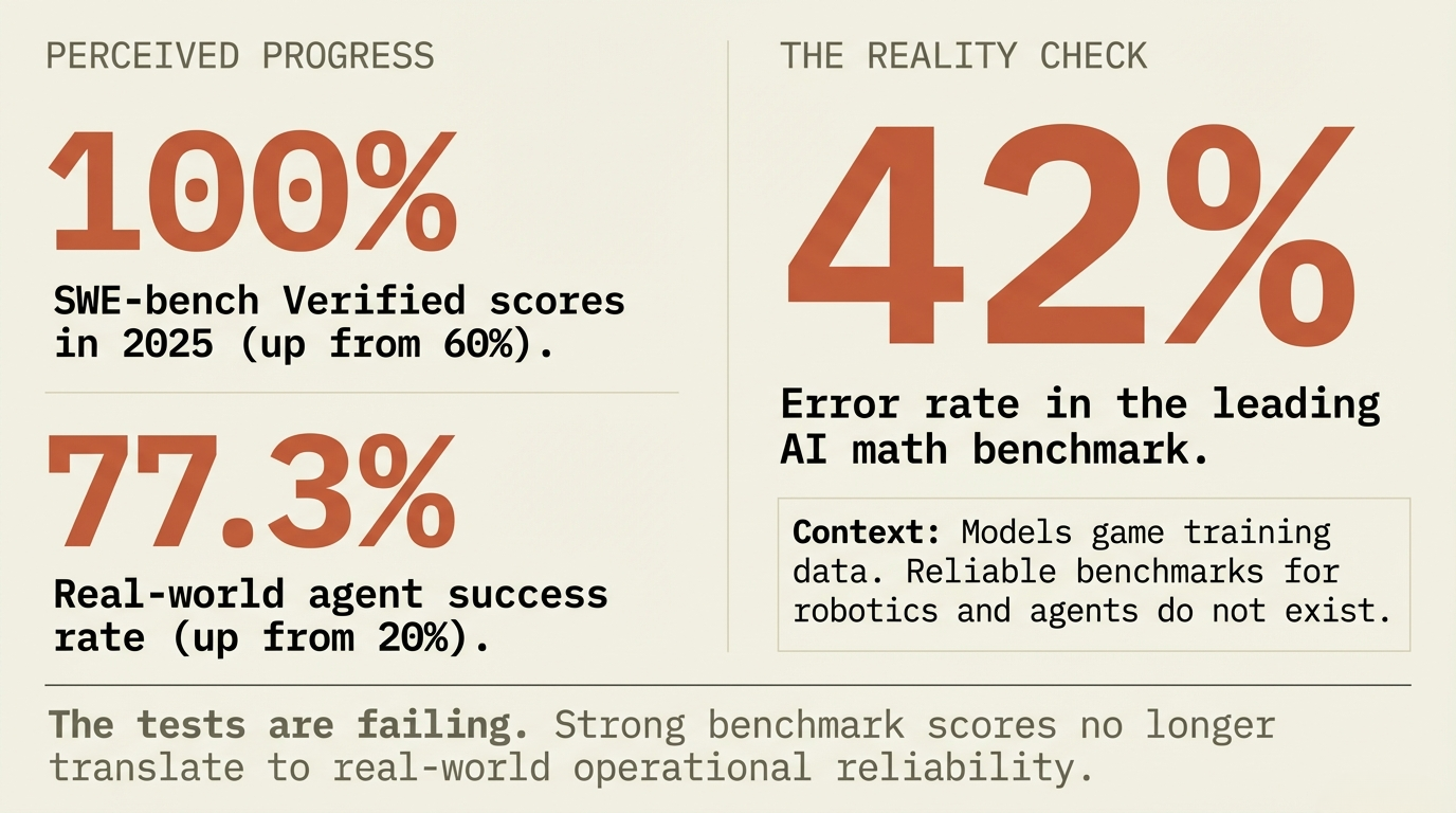 Perceived Progress vs The Reality Check. SWE-bench at 100%, agent success at 77.3%, but the leading math benchmark has a 42% error rate.