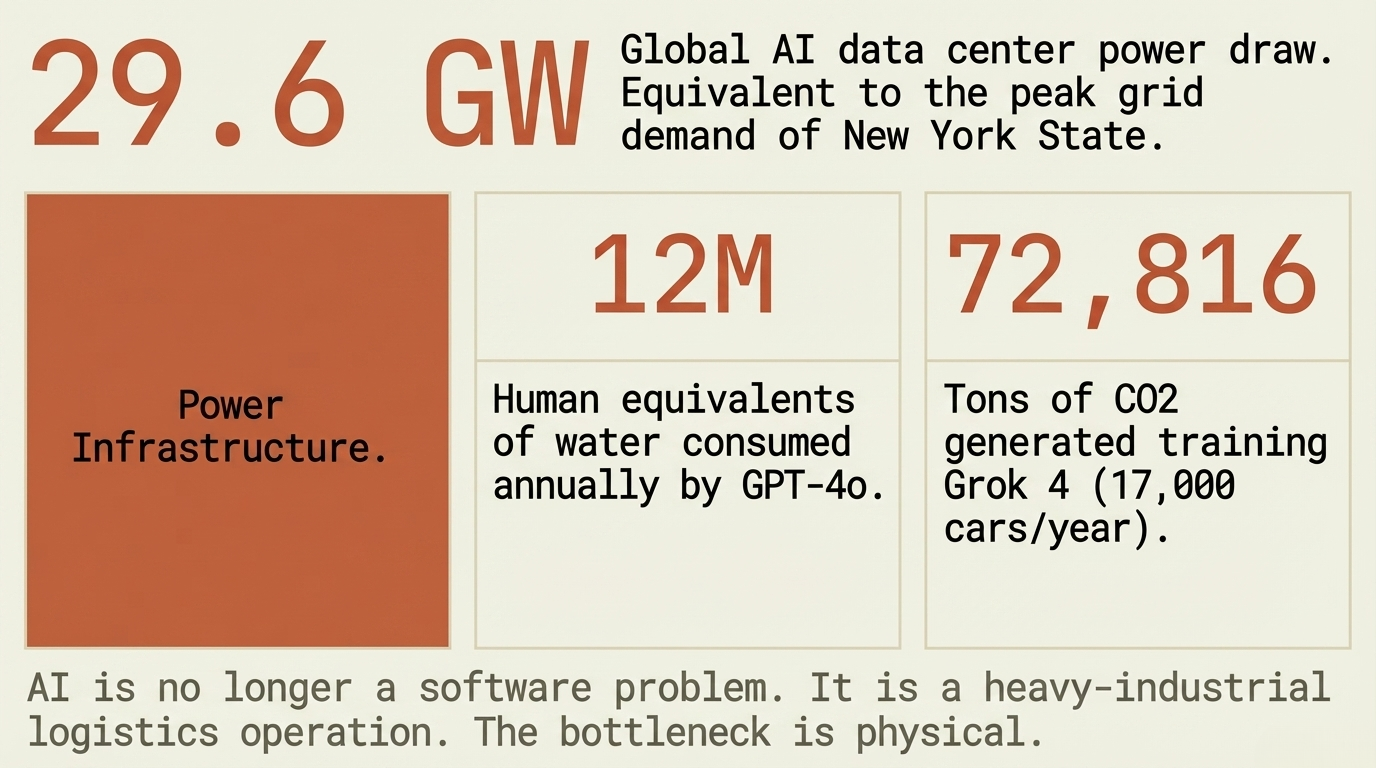 29.6 GW global AI data center power draw. 12M human equivalents of water consumed by GPT-4o. 72,816 tons CO2 from training Grok 4.